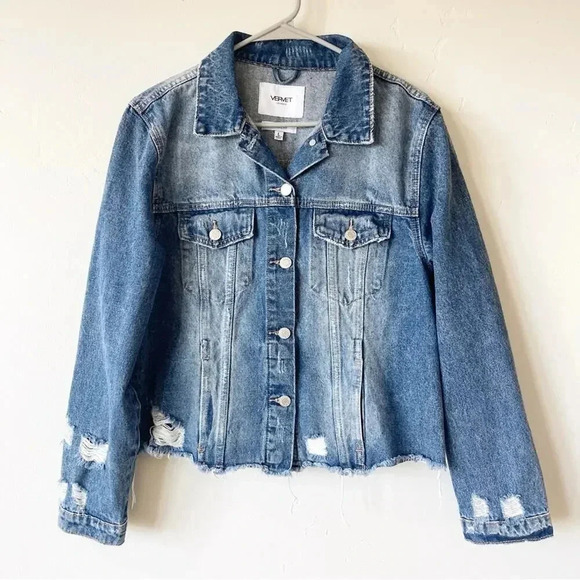 Vervet Plot Twist Classic Denim Jacket with raw hem Distressed Large EUC - Picture 5 of 8
